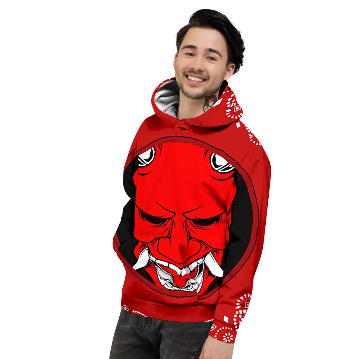 Bandana Red Hannya Demon Print Men's Hoodie-grizzshop