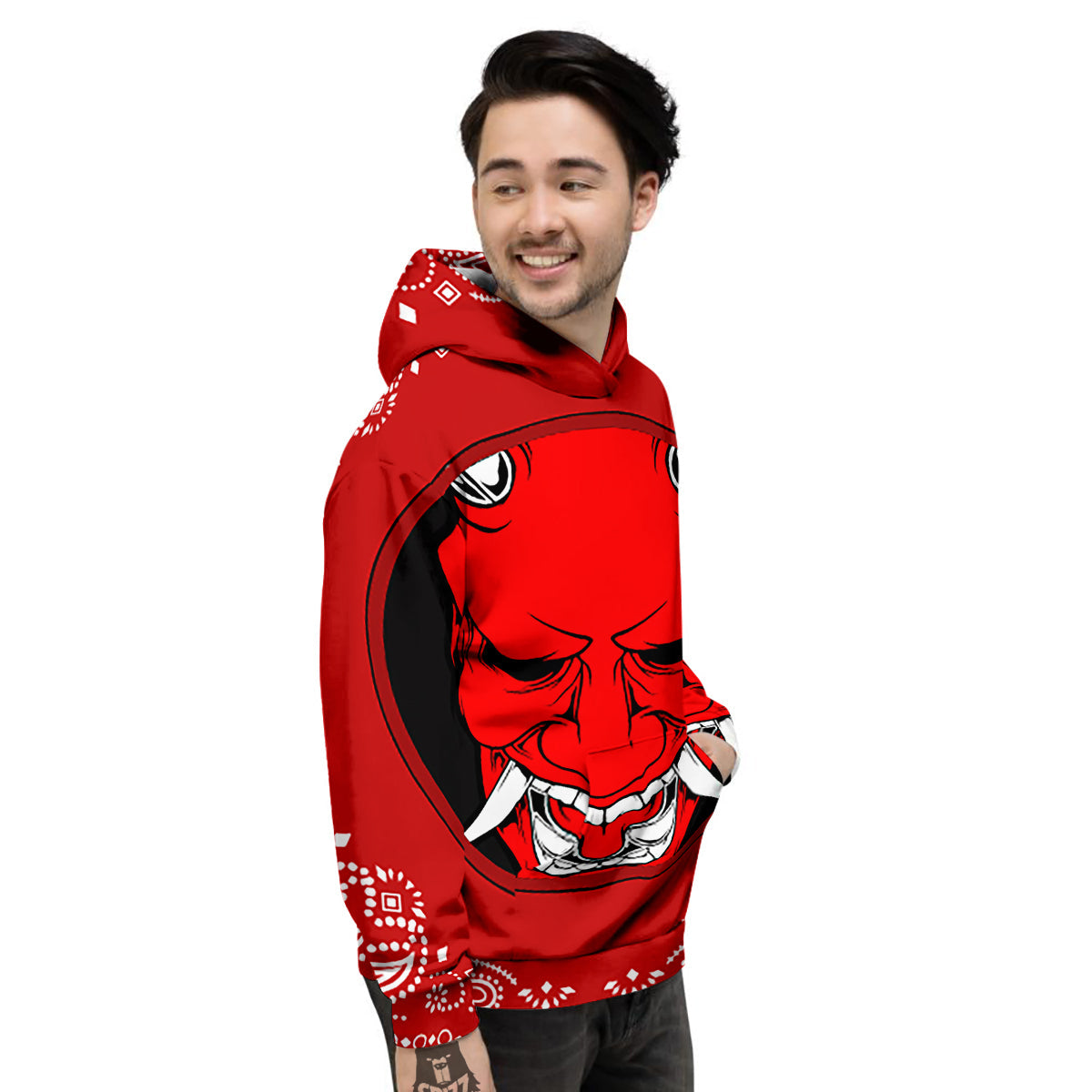 Bandana Red Hannya Demon Print Men's Hoodie-grizzshop