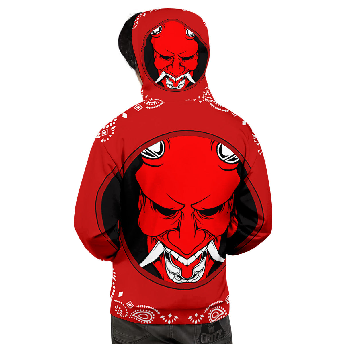 Bandana Red Hannya Demon Print Men's Hoodie-grizzshop