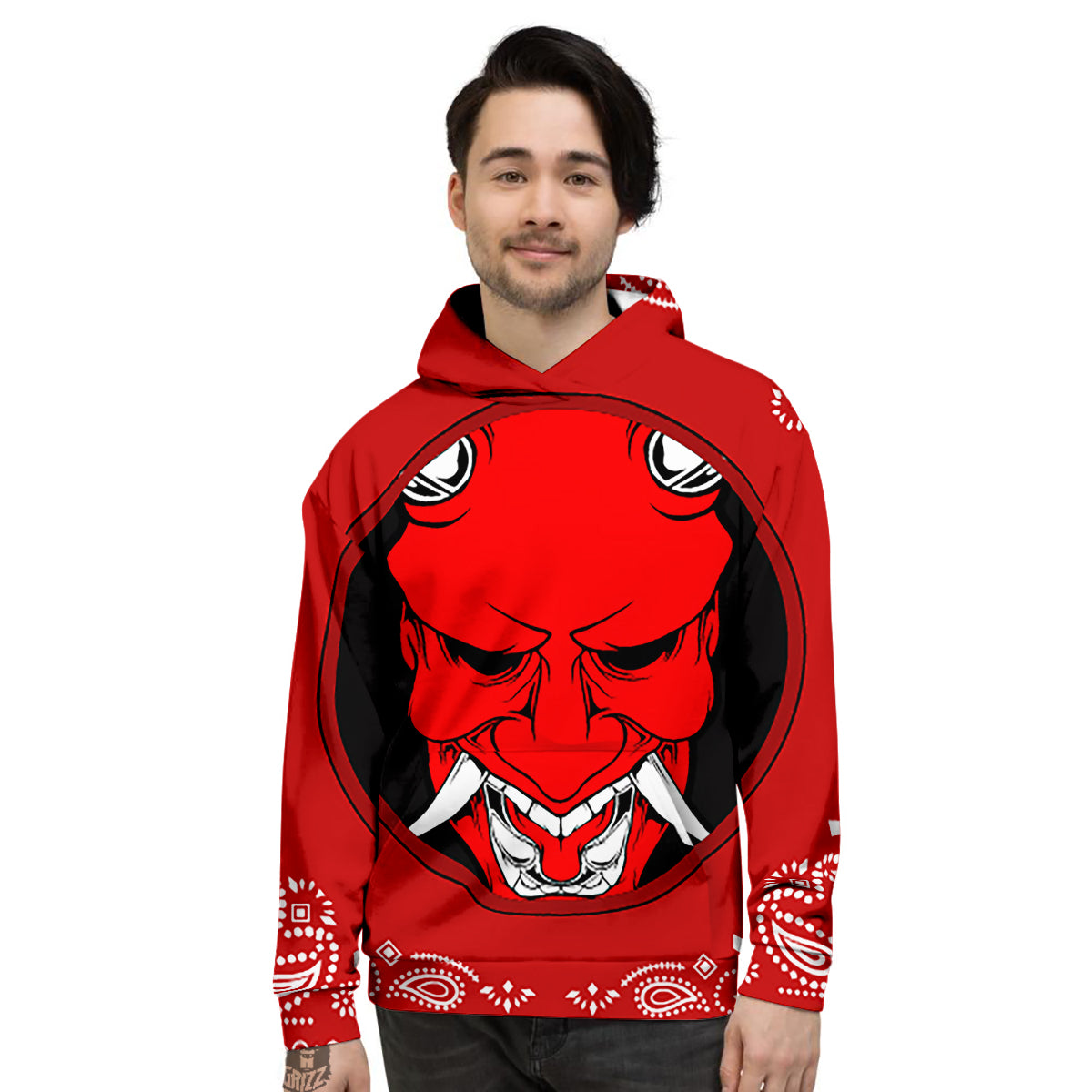 Bandana Red Hannya Demon Print Men's Hoodie-grizzshop