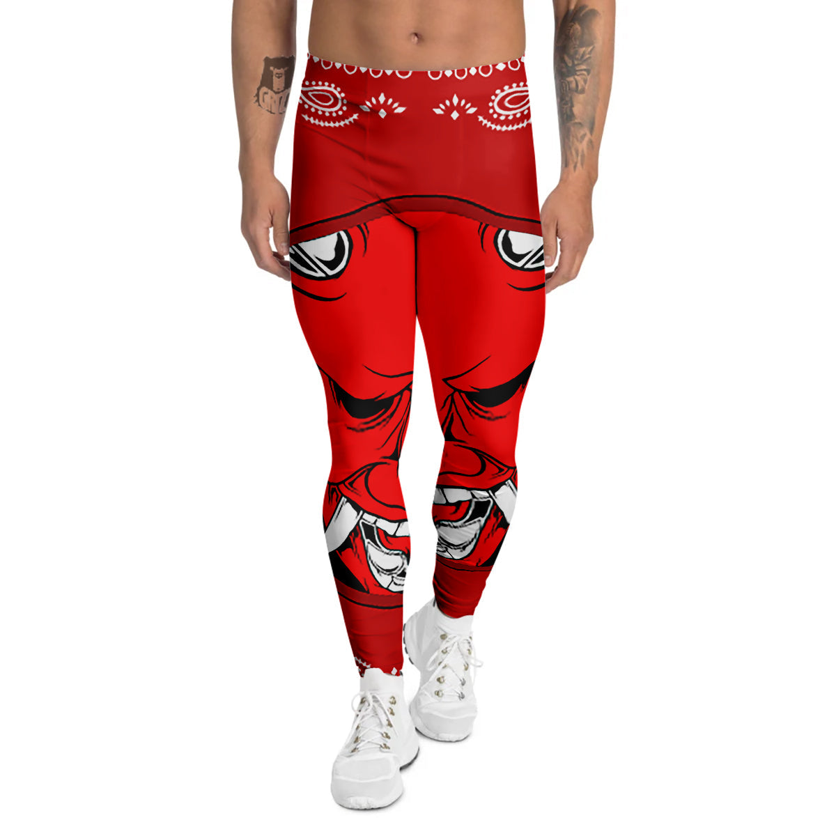 Bandana Red Hannya Demon Print Men's Leggings-grizzshop