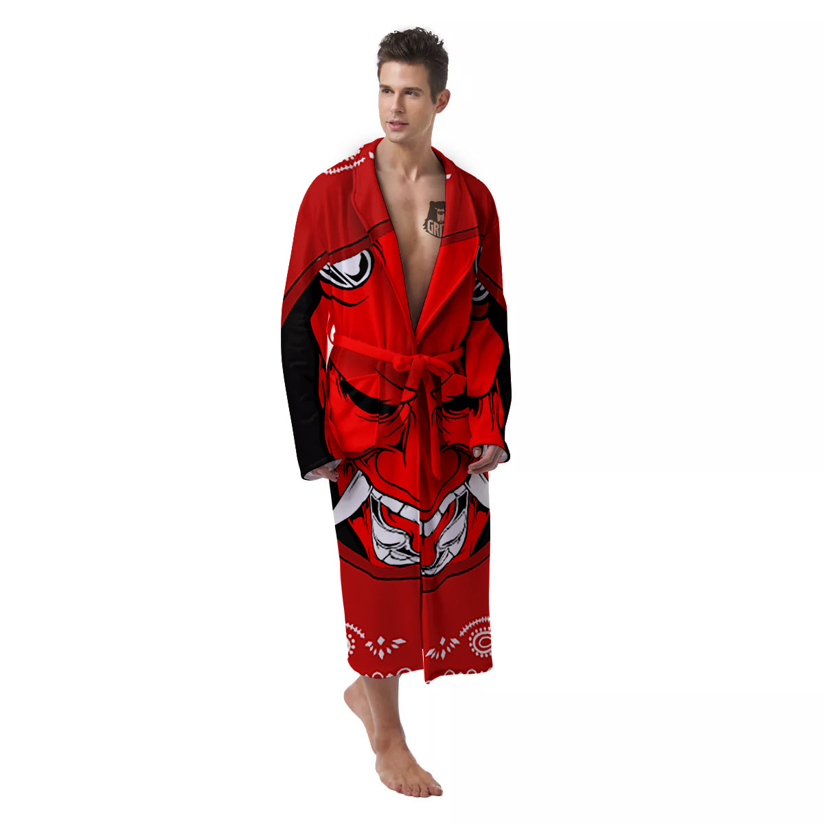 Bandana Red Hannya Demon Print Men's Robe-grizzshop