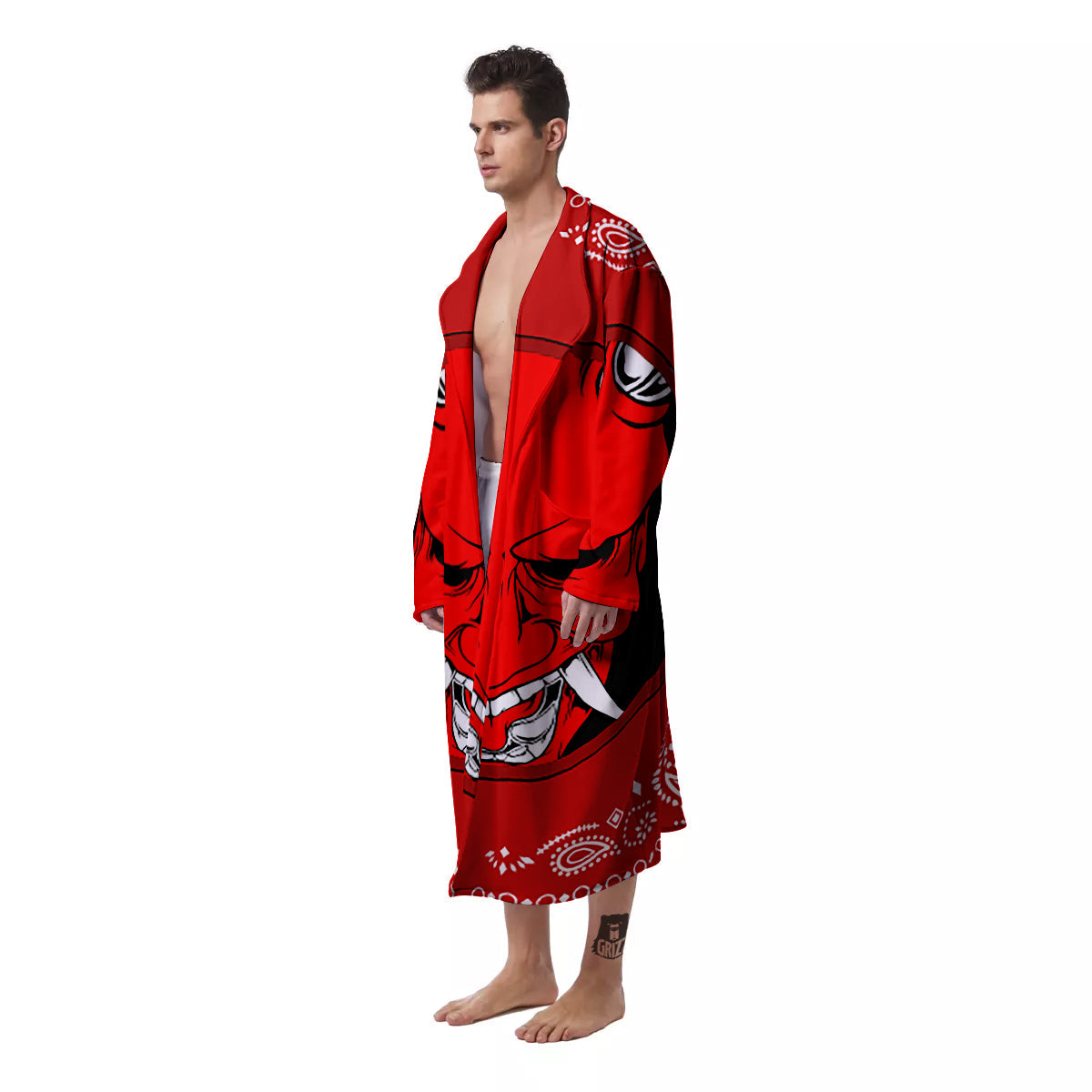 Bandana Red Hannya Demon Print Men's Robe-grizzshop