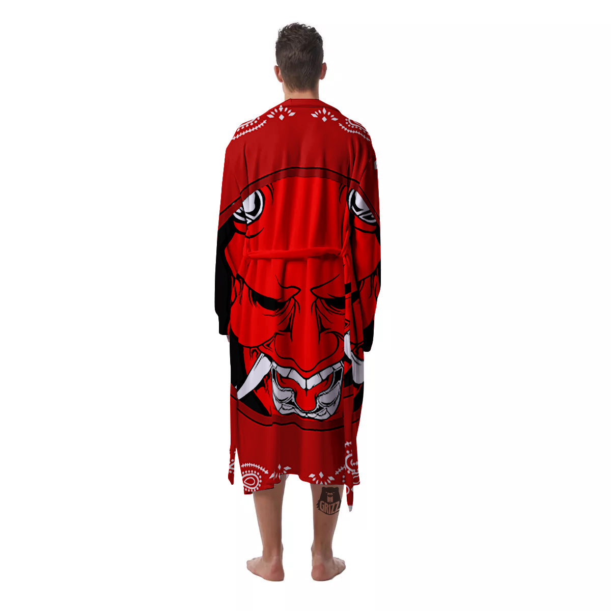 Bandana Red Hannya Demon Print Men's Robe-grizzshop