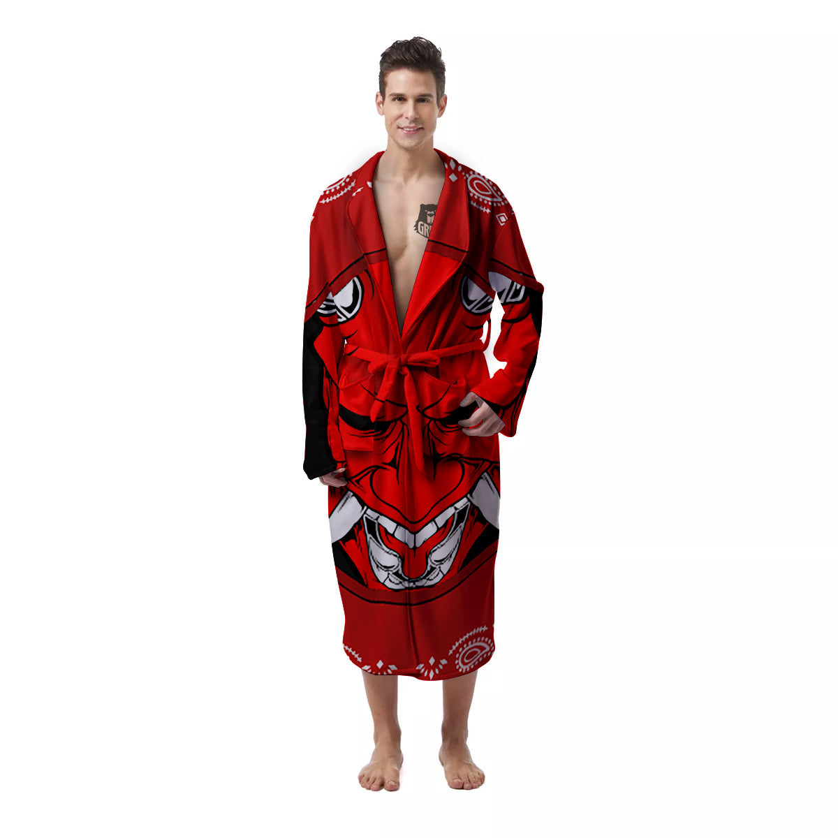 Bandana Red Hannya Demon Print Men's Robe-grizzshop