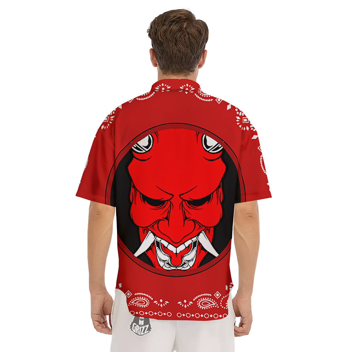 Bandana Red Hannya Demon Print Men's Short Sleeve Shirts-grizzshop