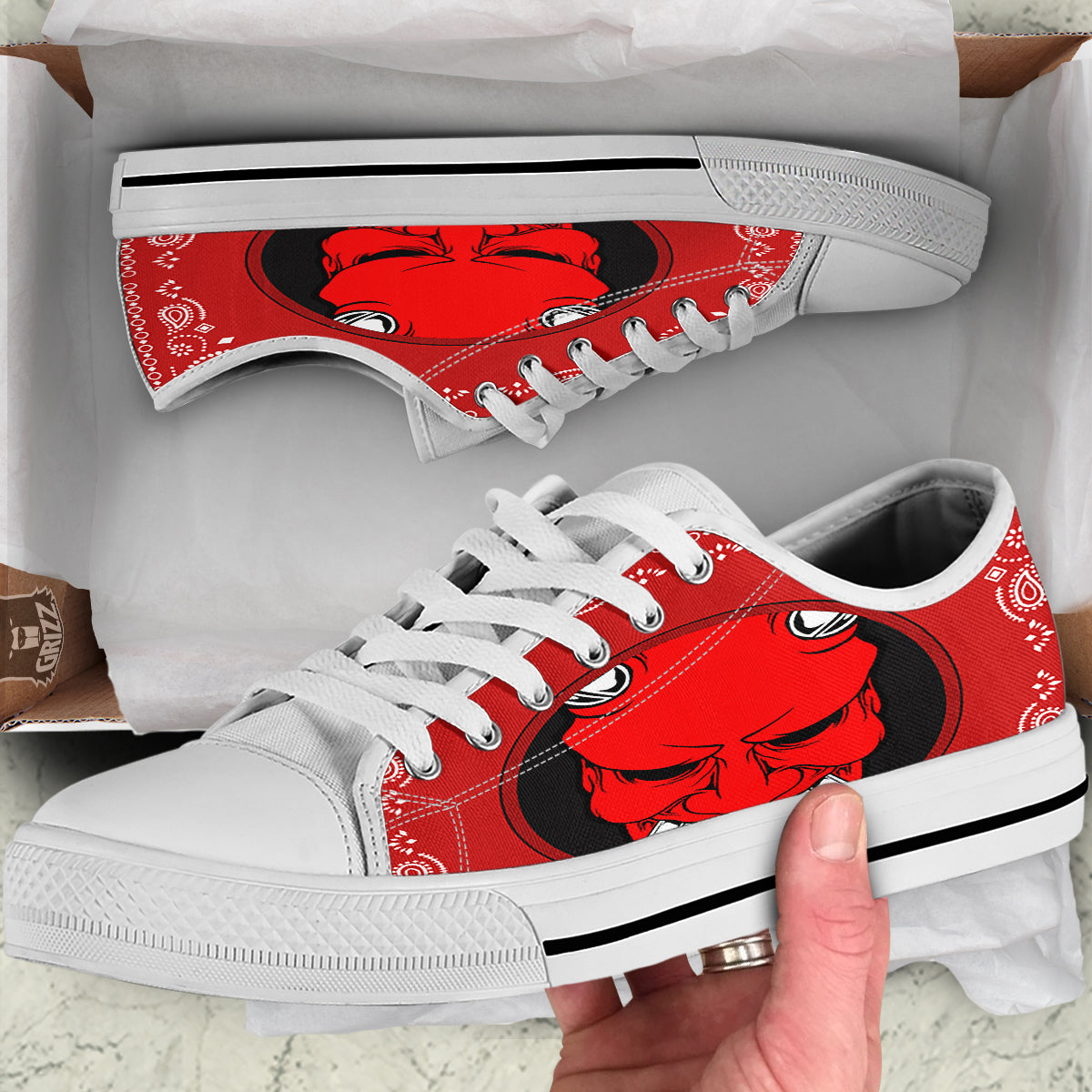 Bandana Red Hannya Demon Print White Low Top Shoes-grizzshop