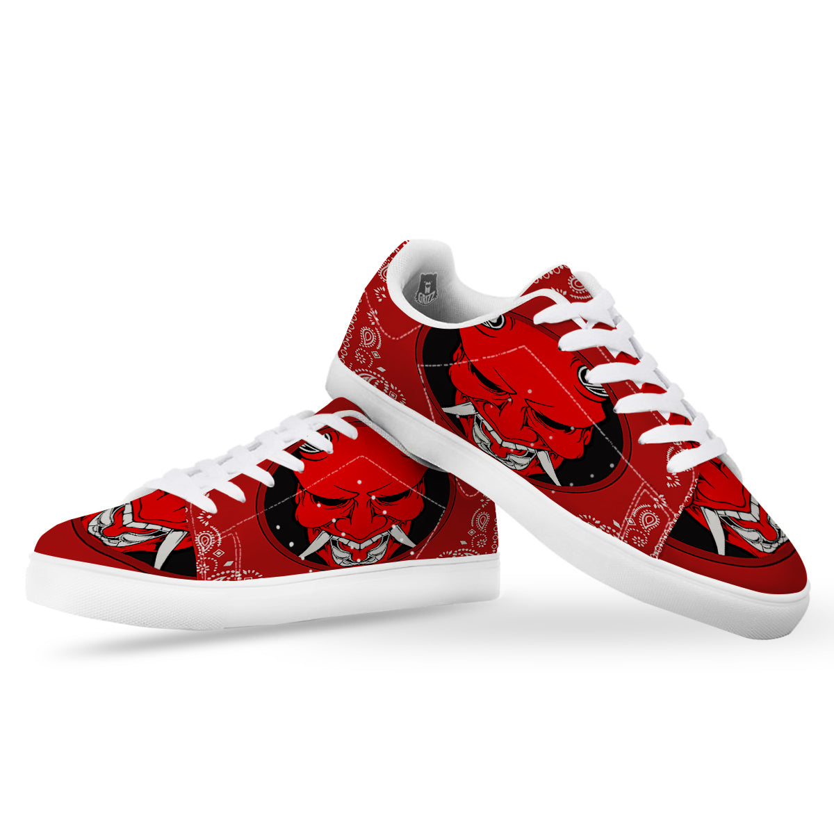 Bandana Red Hannya Demon Print White Low Top Sneakers-grizzshop