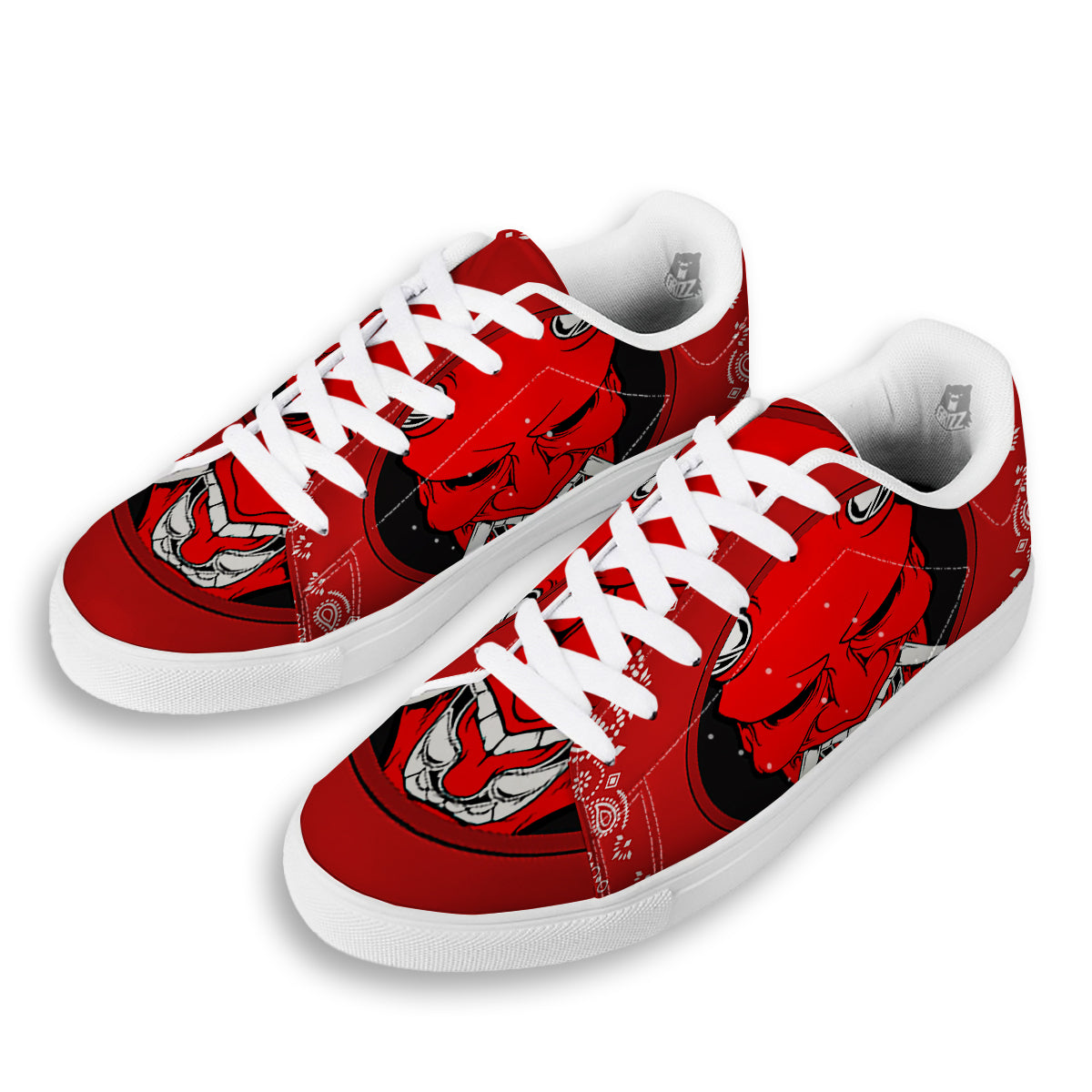 Bandana Red Hannya Demon Print White Low Top Sneakers-grizzshop