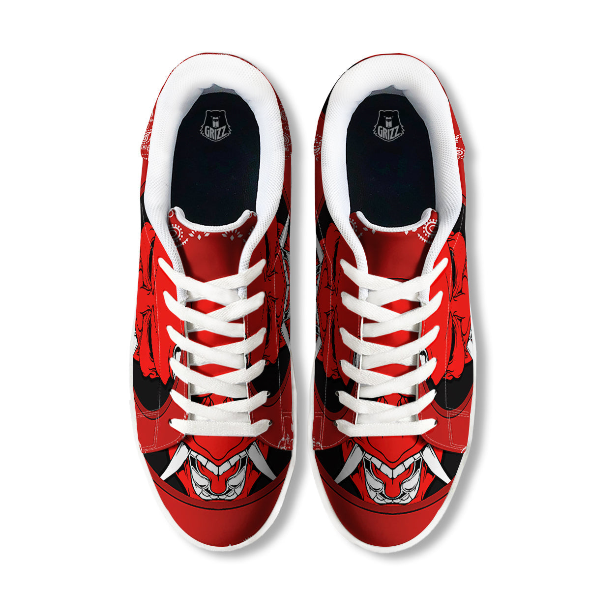 Bandana Red Hannya Demon Print White Low Top Sneakers-grizzshop