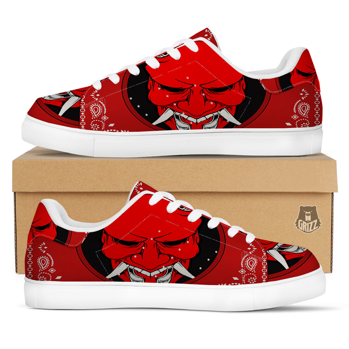 Bandana Red Hannya Demon Print White Low Top Sneakers-grizzshop