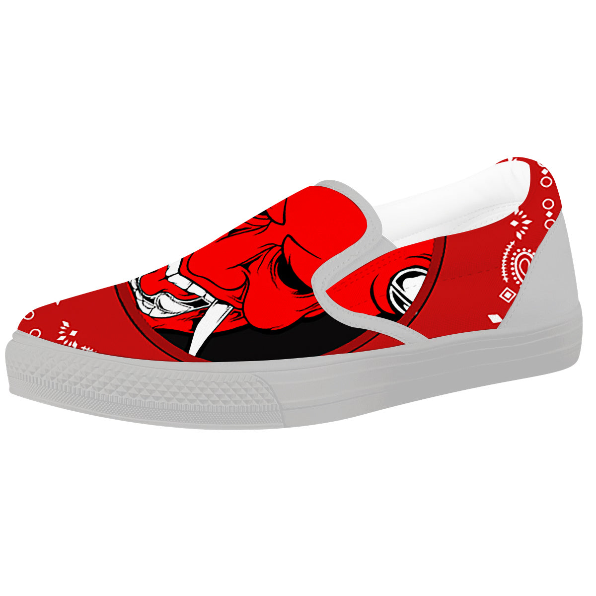 Bandana Red Hannya Demon Print White Slip On Shoes-grizzshop