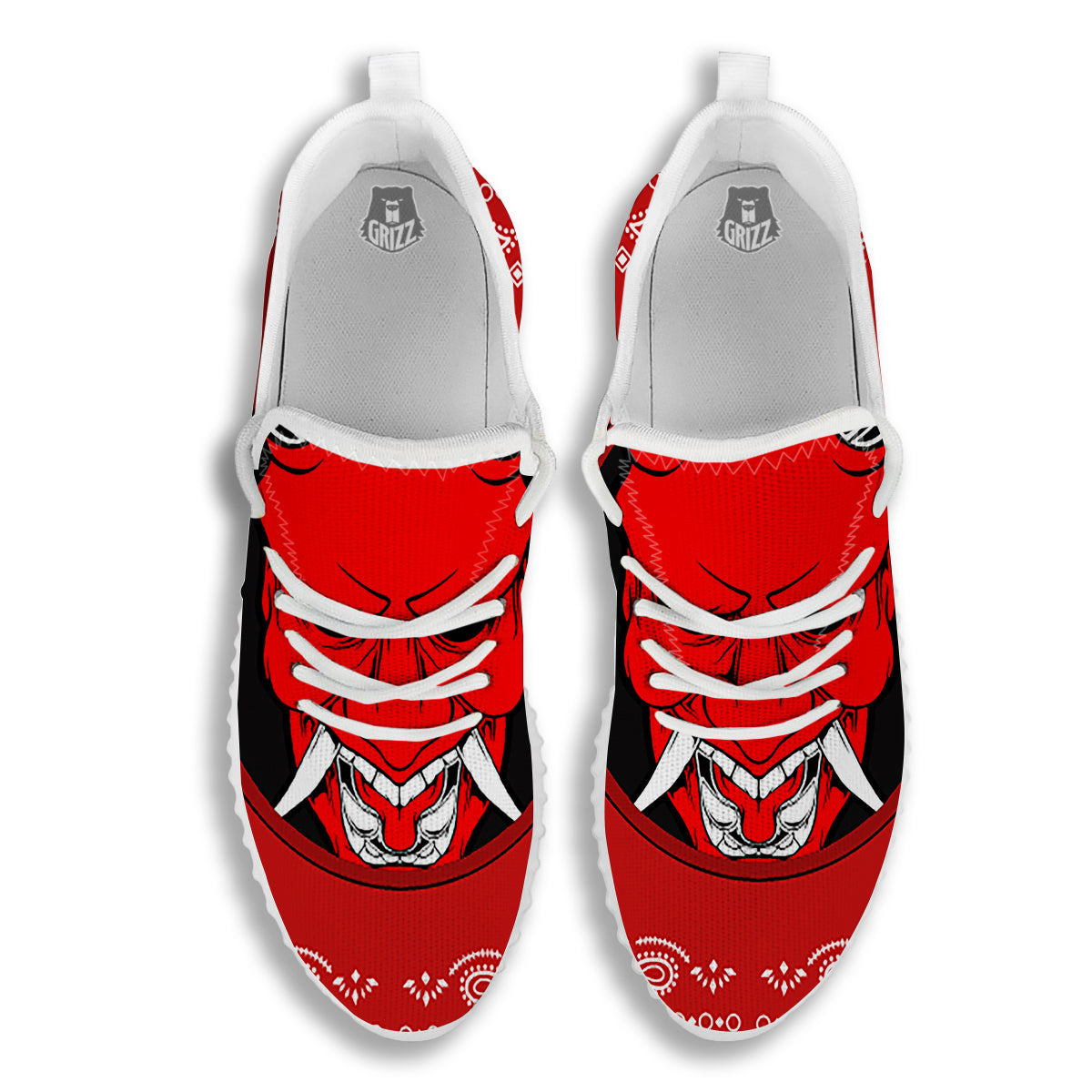 Bandana Red Hannya Demon Print White Walking Shoes-grizzshop