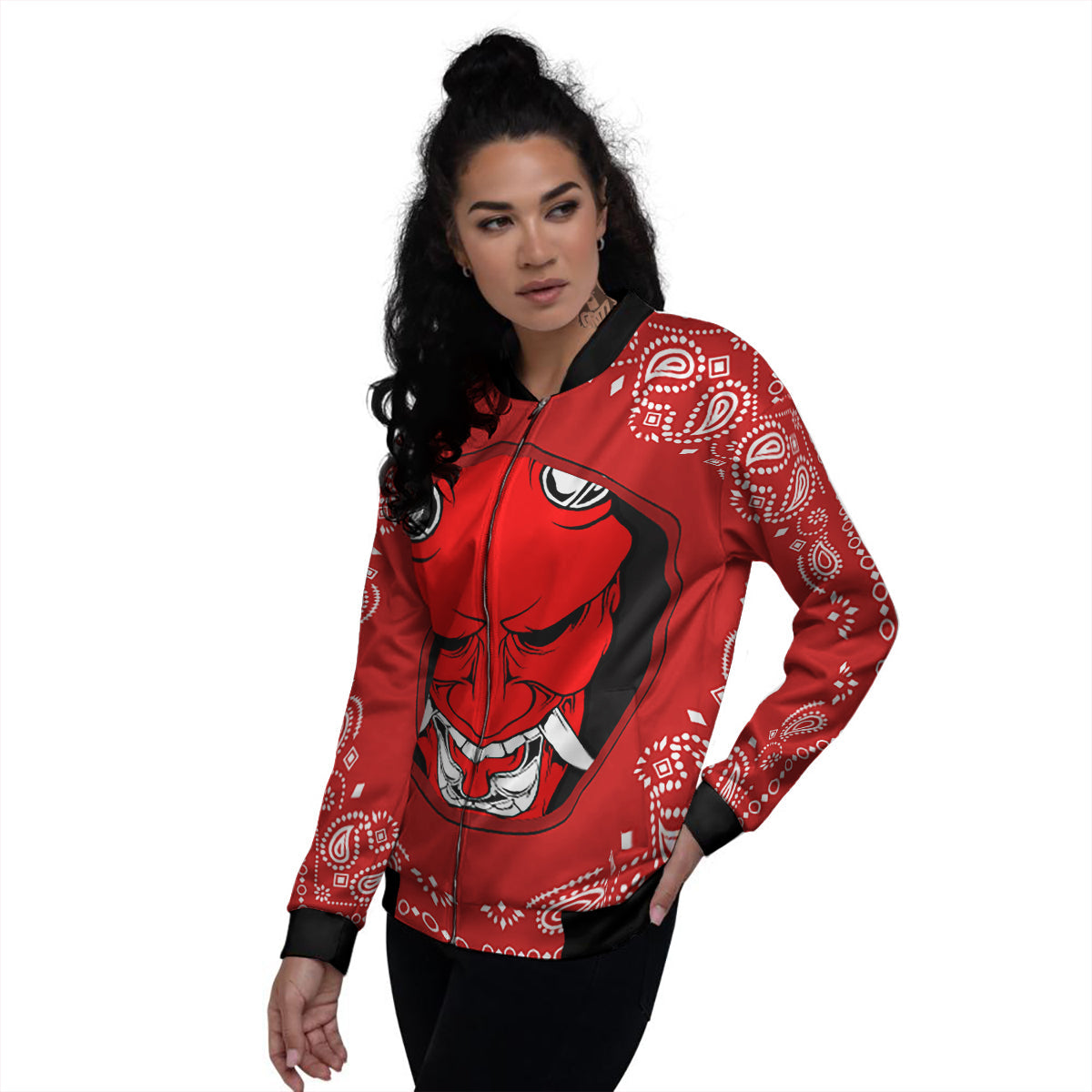 Bandana Red Hannya Demon Print Women's Bomber Jacket-grizzshop