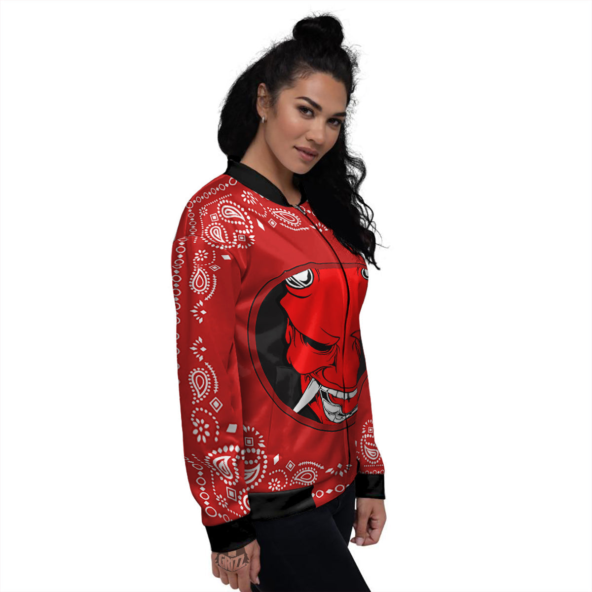 Bandana Red Hannya Demon Print Women's Bomber Jacket-grizzshop