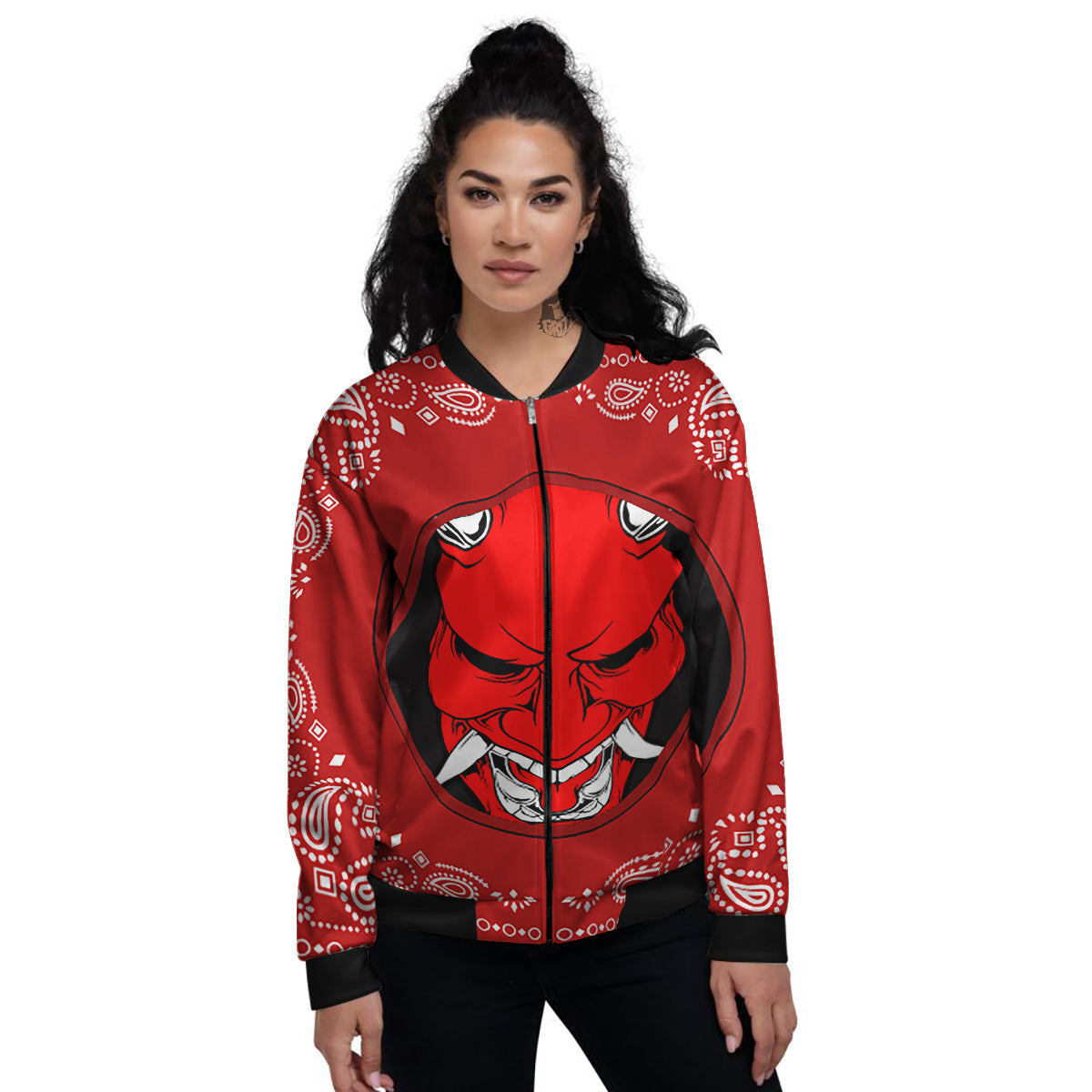 Bandana Red Hannya Demon Print Women's Bomber Jacket-grizzshop