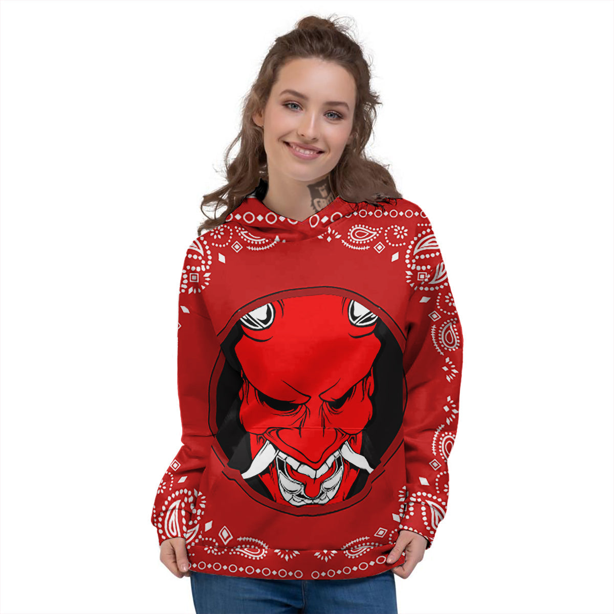 Bandana Red Hannya Demon Print Women's Hoodie-grizzshop