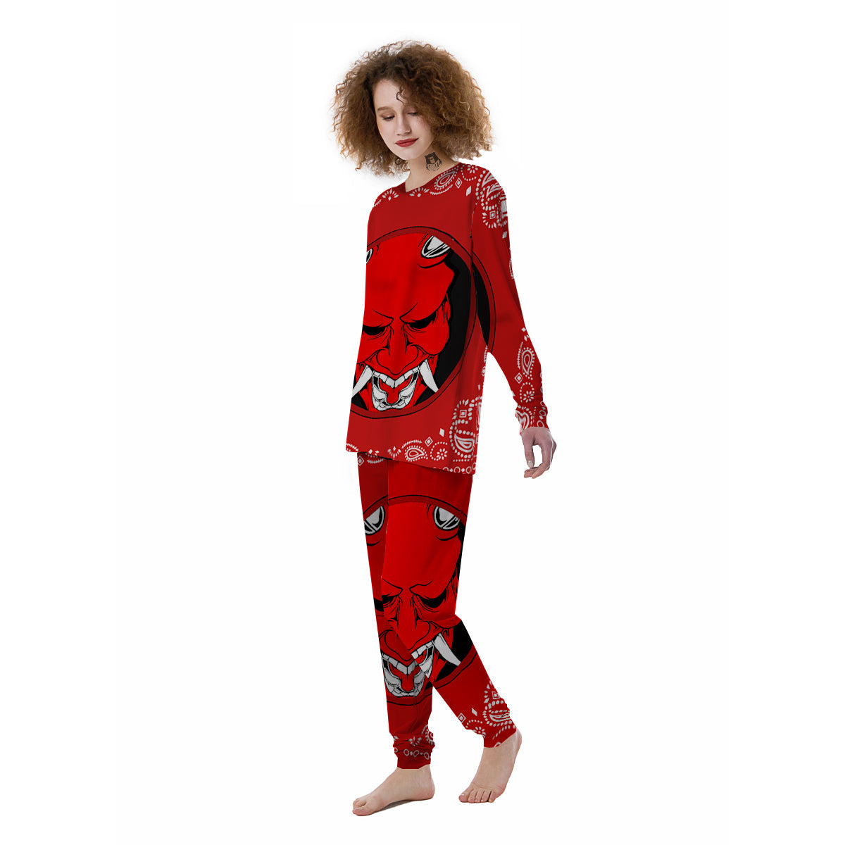 Bandana Red Hannya Demon Print Women's Pajamas-grizzshop