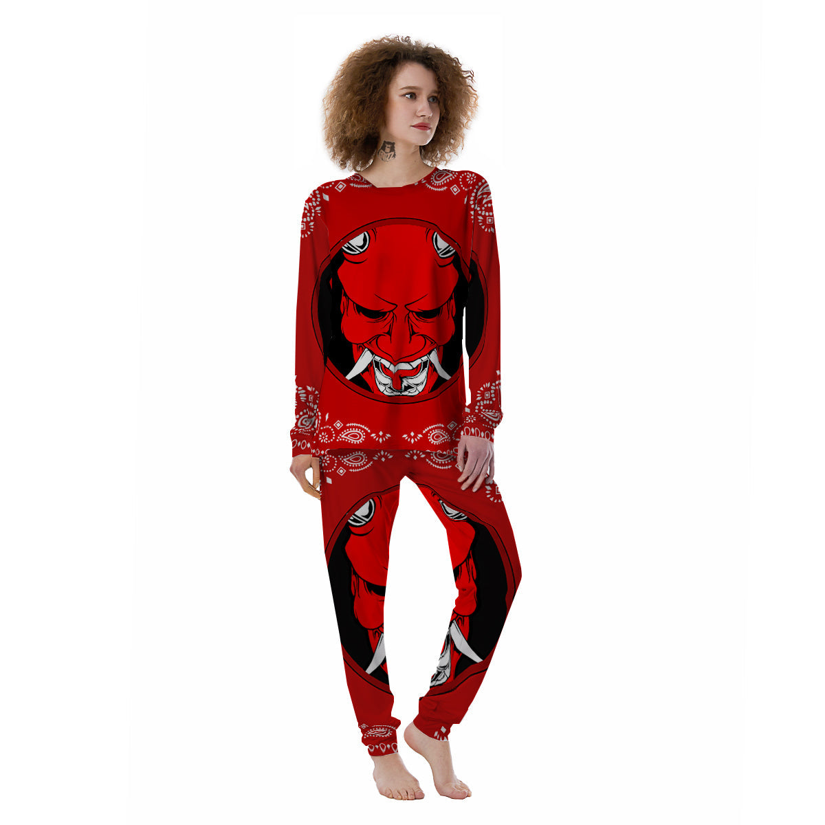 Bandana Red Hannya Demon Print Women's Pajamas-grizzshop