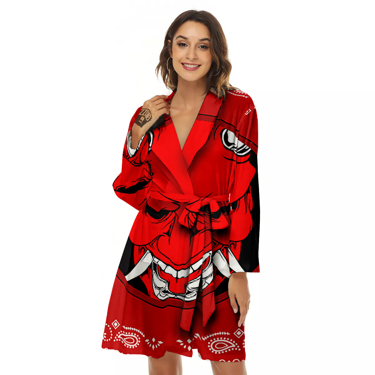 Bandana Red Hannya Demon Print Women's Robe-grizzshop