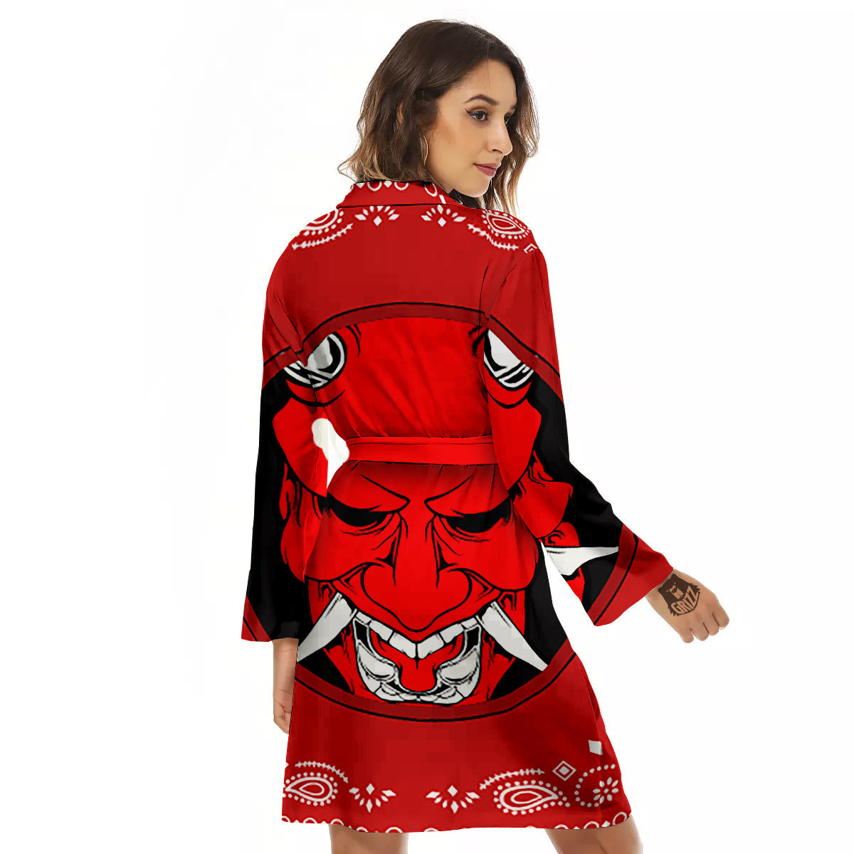 Bandana Red Hannya Demon Print Women's Robe-grizzshop