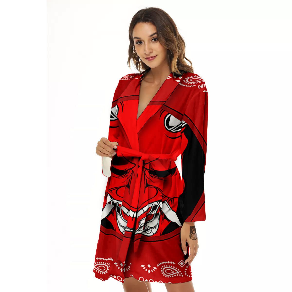 Bandana Red Hannya Demon Print Women's Robe-grizzshop