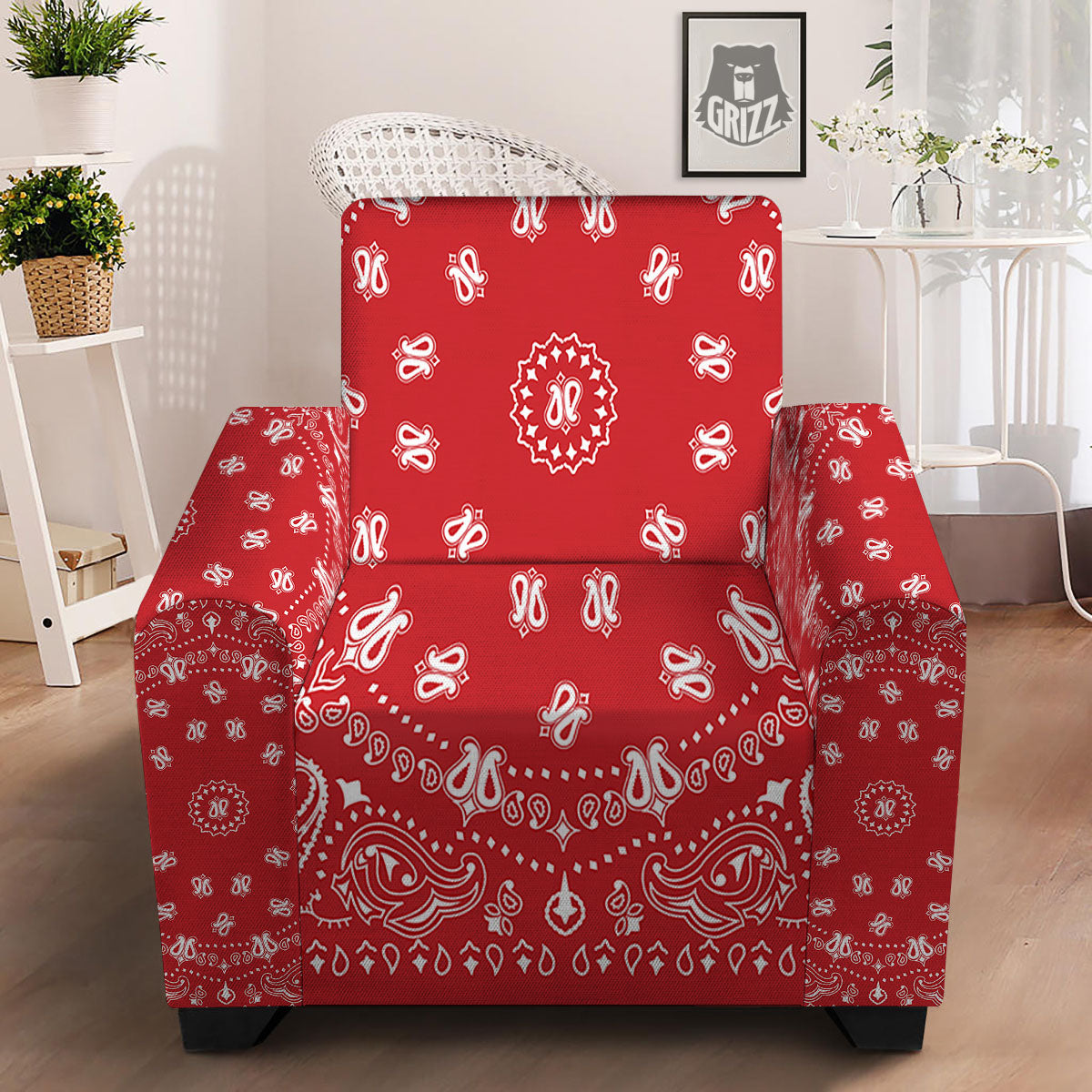 Bandana Red Paisley Print Armchair Slipcover-grizzshop