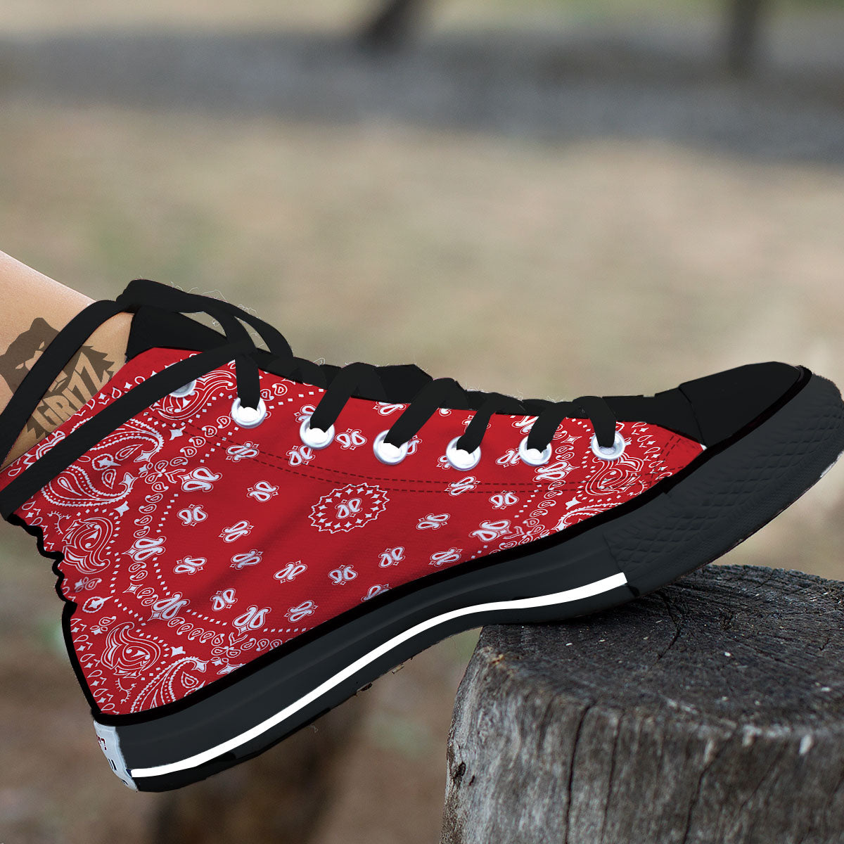 Bandana Red Paisley Print Black High Top Shoes-grizzshop