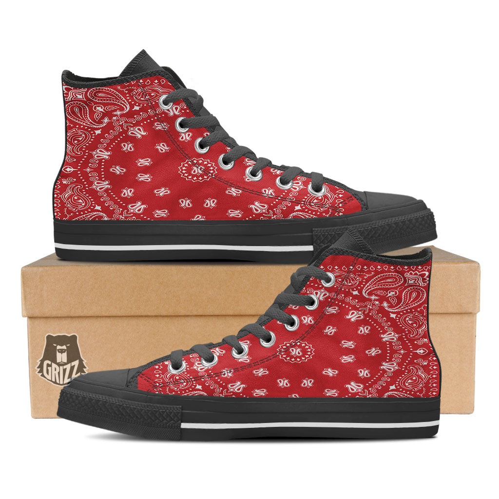 Bandana Red Paisley Print Black High Top Shoes-grizzshop