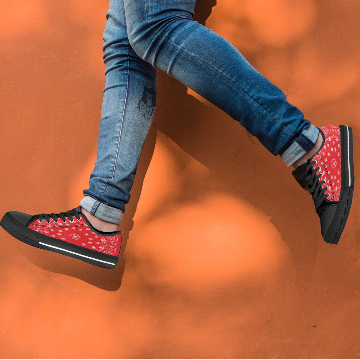 Bandana Red Paisley Print Black Low Top Shoes-grizzshop