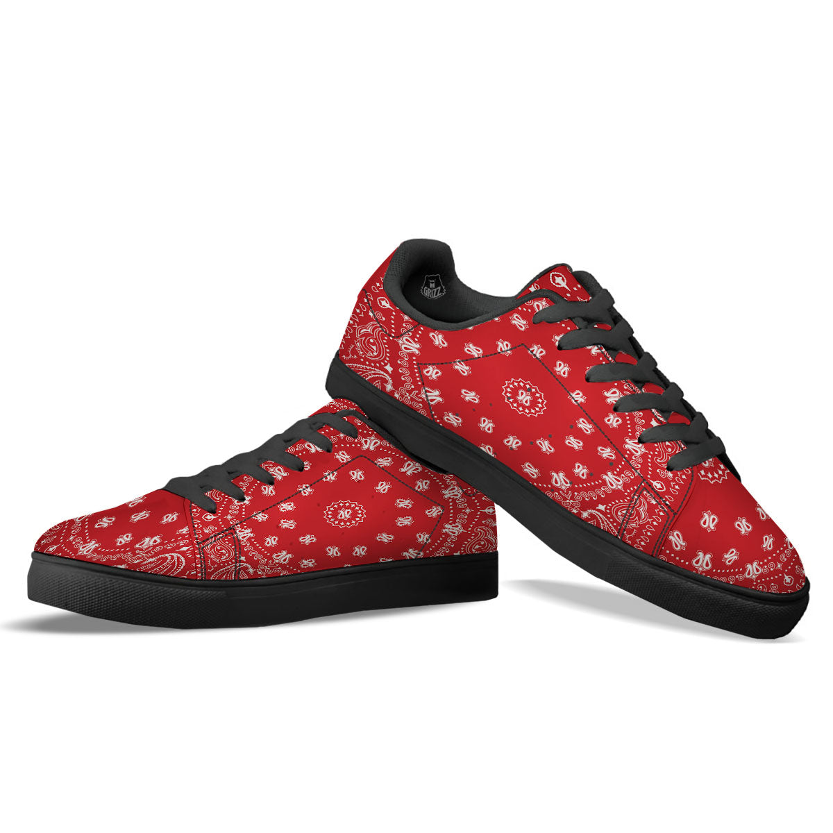 Bandana Red Paisley Print Black Low Top Sneakers-grizzshop