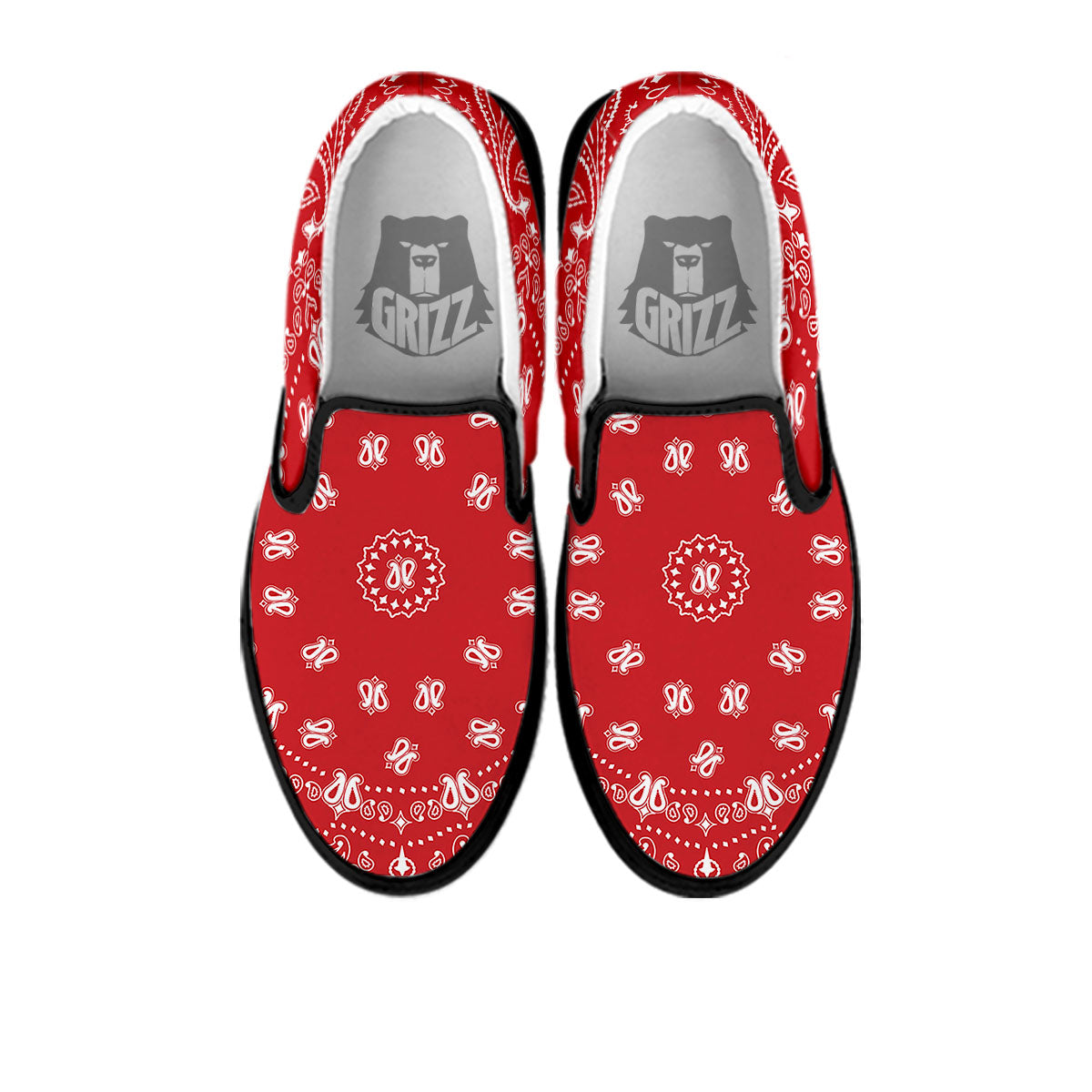 Bandana Red Paisley Print Black Slip On Shoes-grizzshop