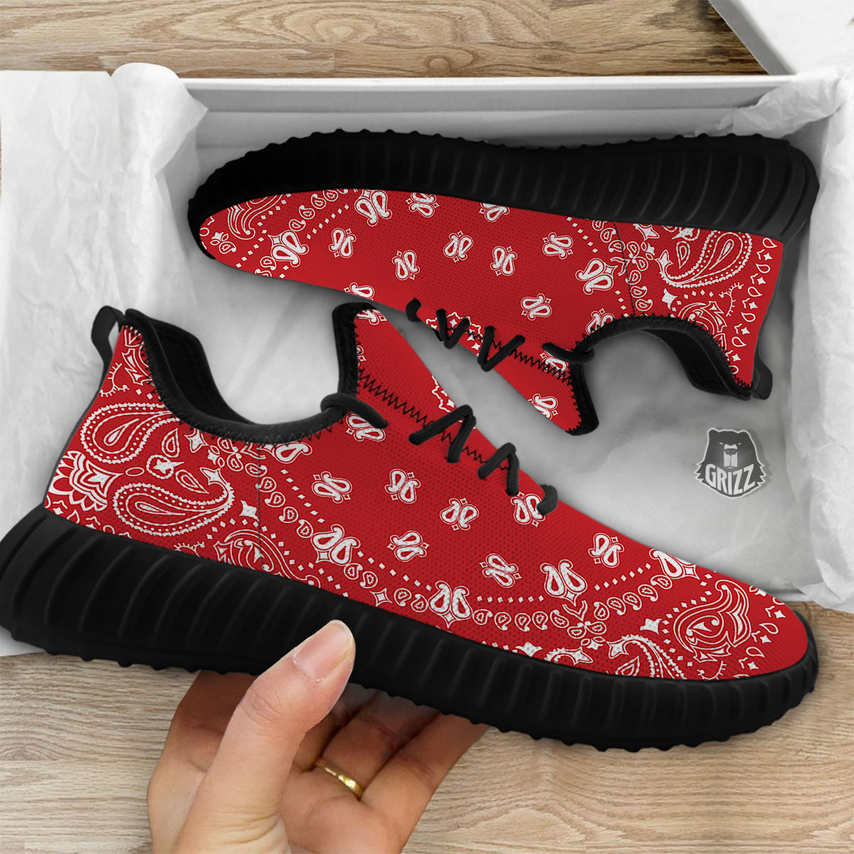 Bandana Red Paisley Print Black Walking Shoes-grizzshop