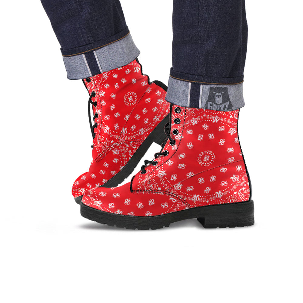 Bandana Red Paisley Print Leather Boots-grizzshop