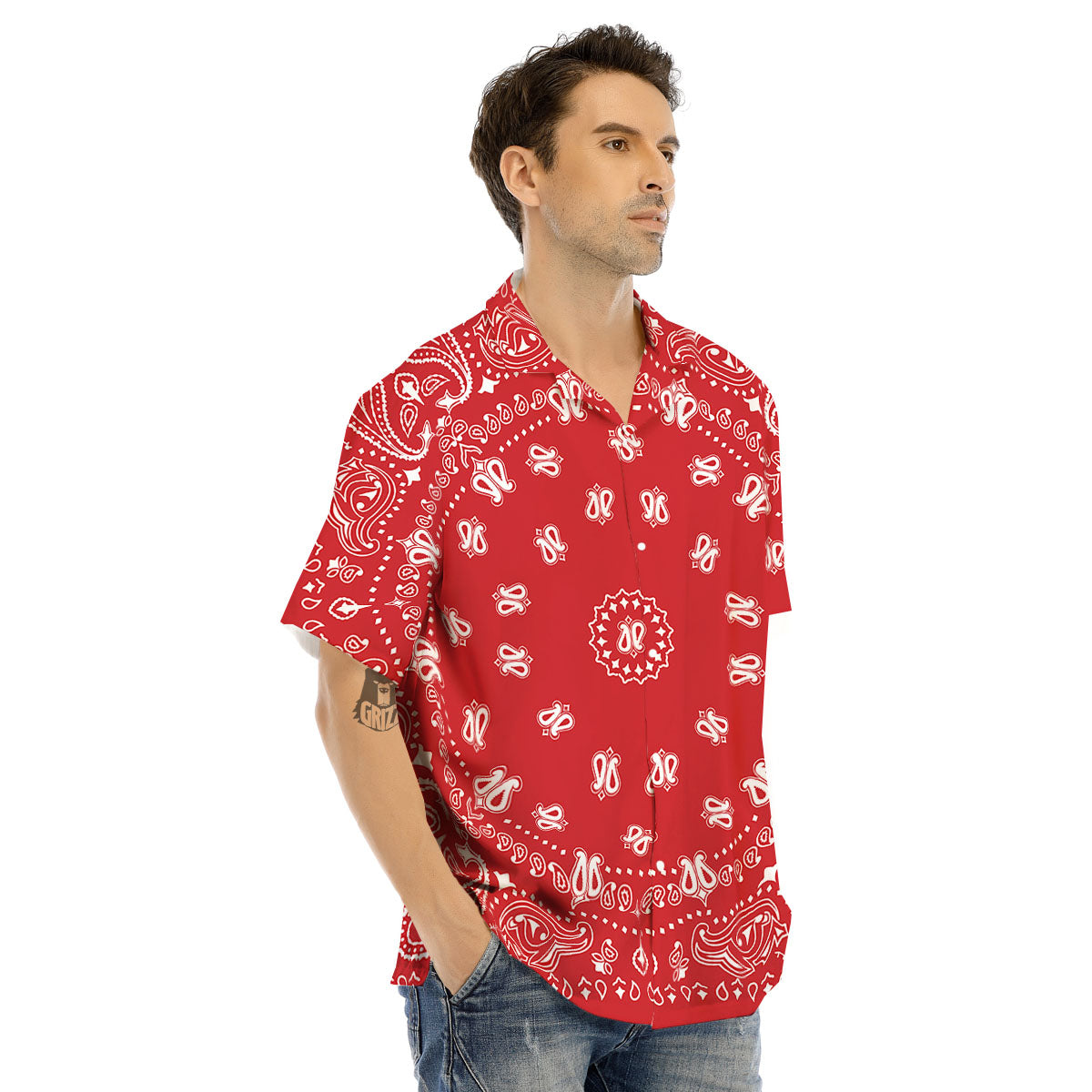 Bandana Red Paisley Print Men's Hawaiian Shirt-grizzshop