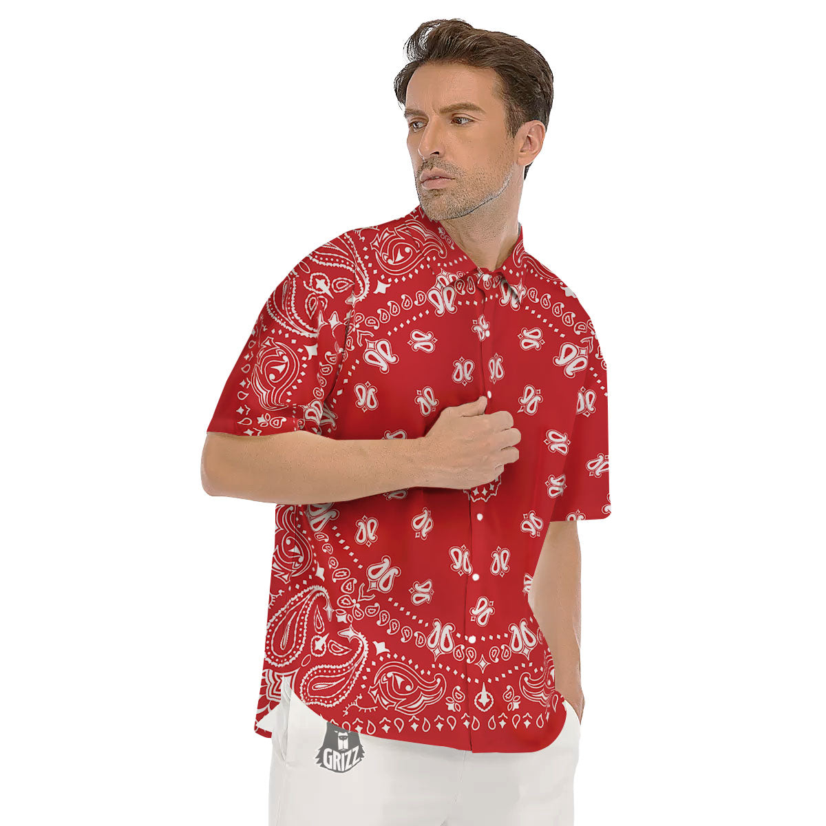 Bandana Red Paisley Print Men's Short Sleeve Shirts-grizzshop