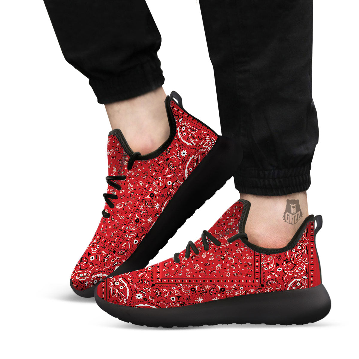 Bandana Red Paisley Print Pattern Black Athletic Shoes-grizzshop