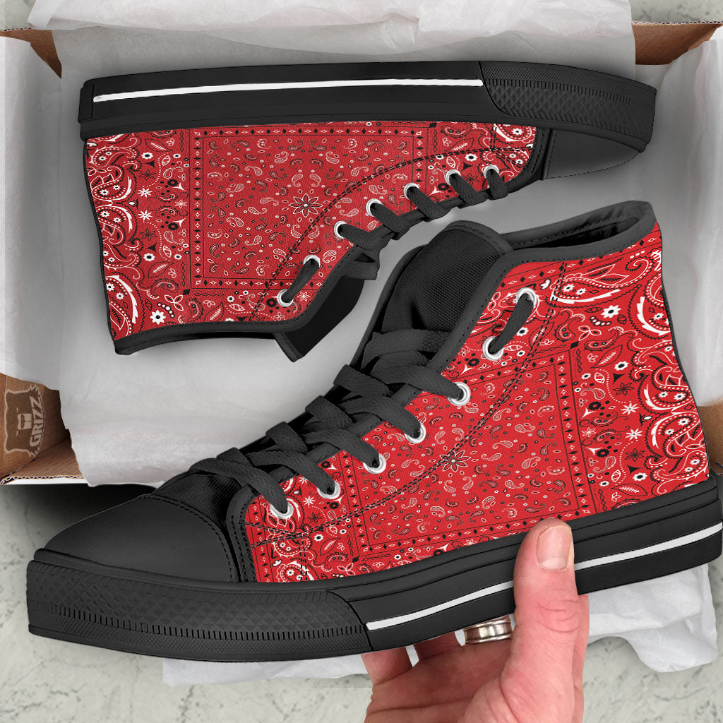 Bandana Red Paisley Print Pattern Black High Top Shoes-grizzshop