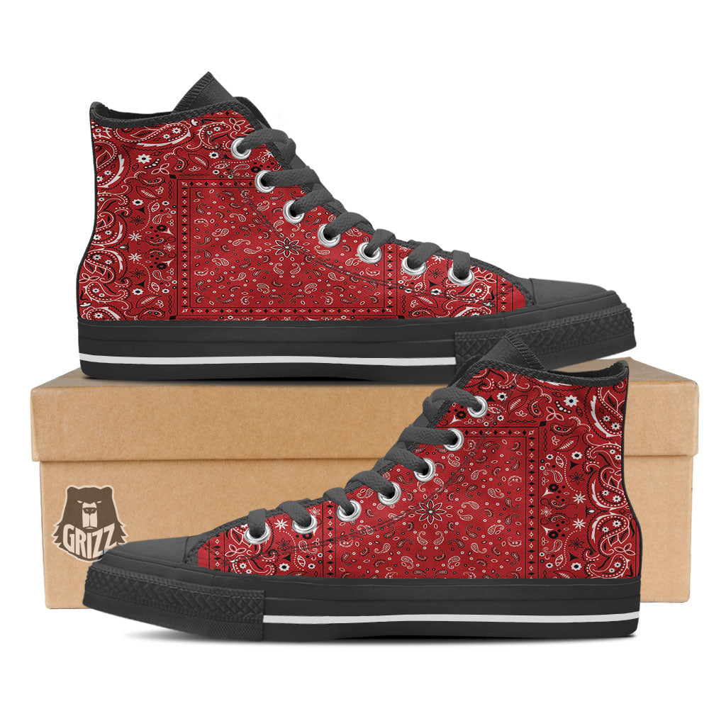 Bandana Red Paisley Print Pattern Black High Top Shoes-grizzshop