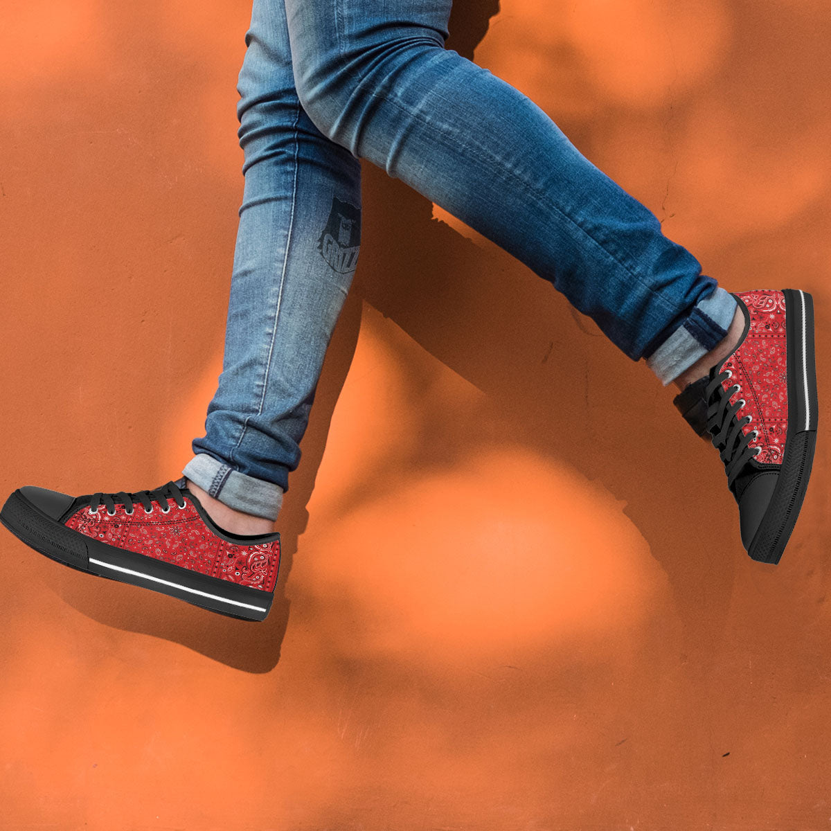 Bandana Red Paisley Print Pattern Black Low Top Shoes-grizzshop