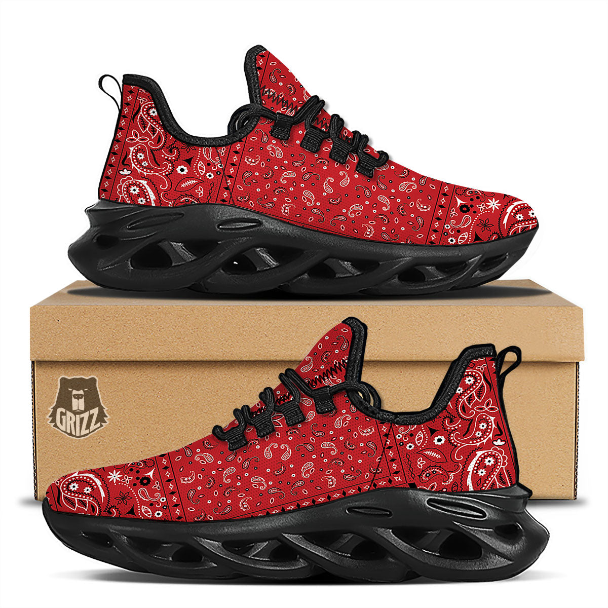 Bandana Red Paisley Print Pattern Black Running Shoes-grizzshop