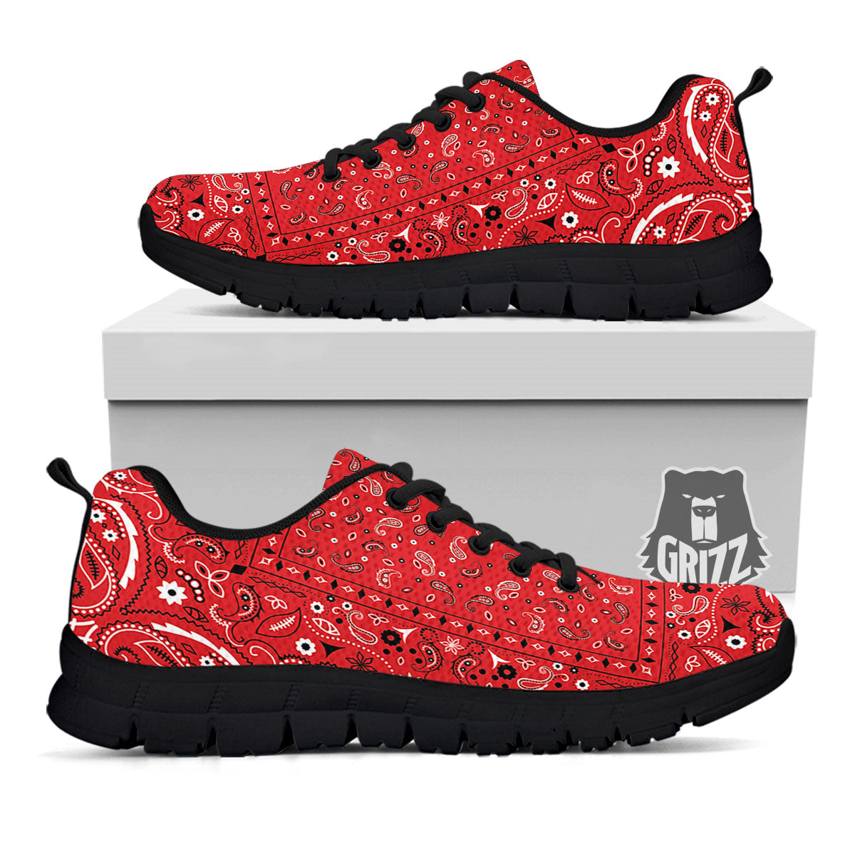 Bandana Red Paisley Print Pattern Black Sneaker-grizzshop