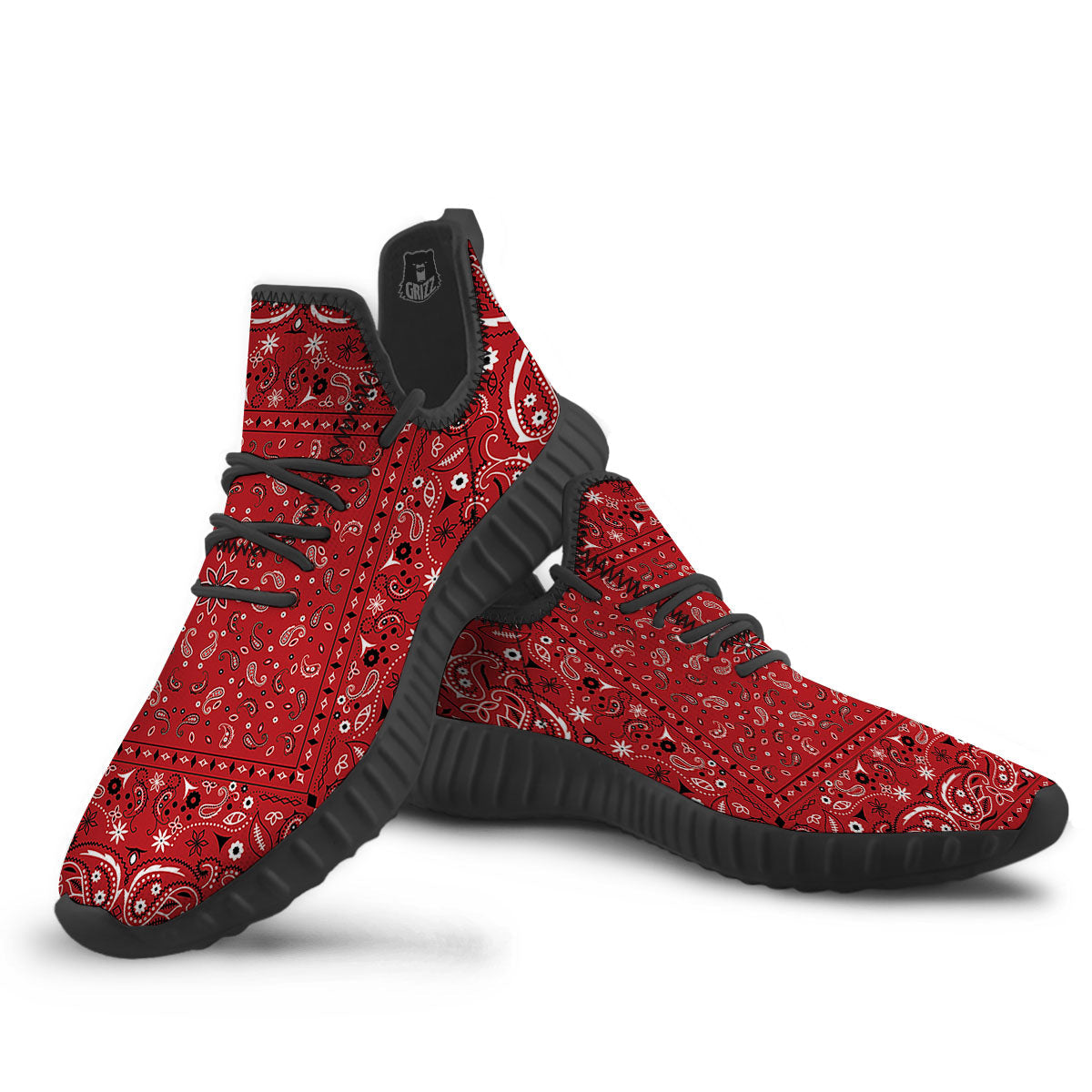 Bandana Red Paisley Print Pattern Black Walking Shoes-grizzshop