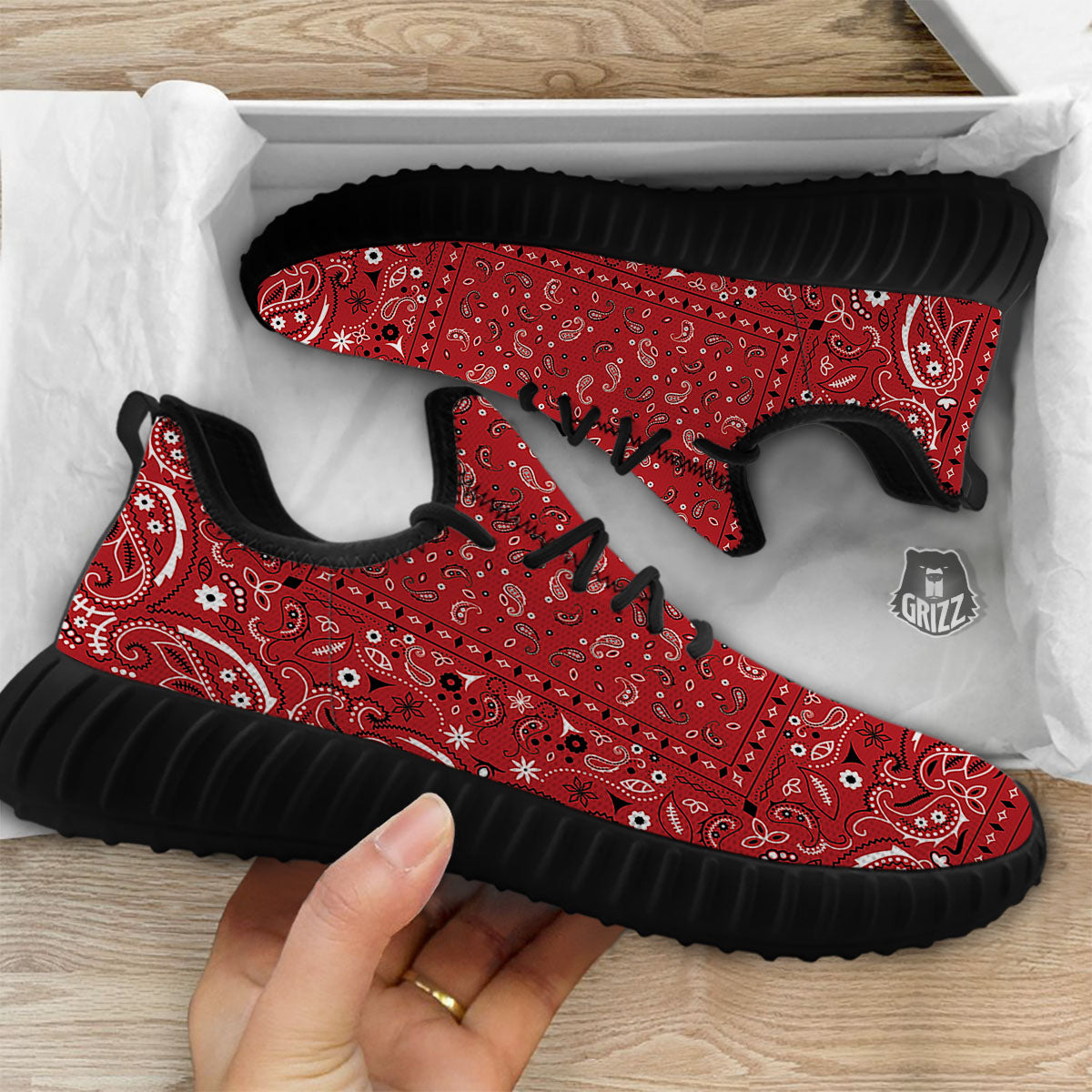 Bandana Red Paisley Print Pattern Black Walking Shoes-grizzshop