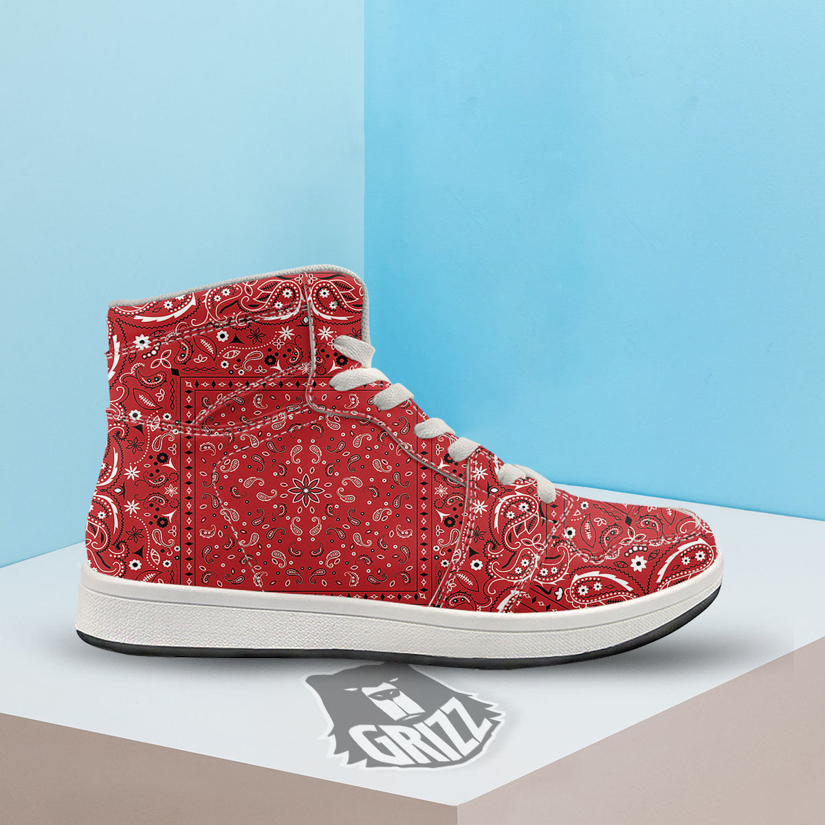 Bandana Red Paisley Print Pattern High Top Sneakers-grizzshop