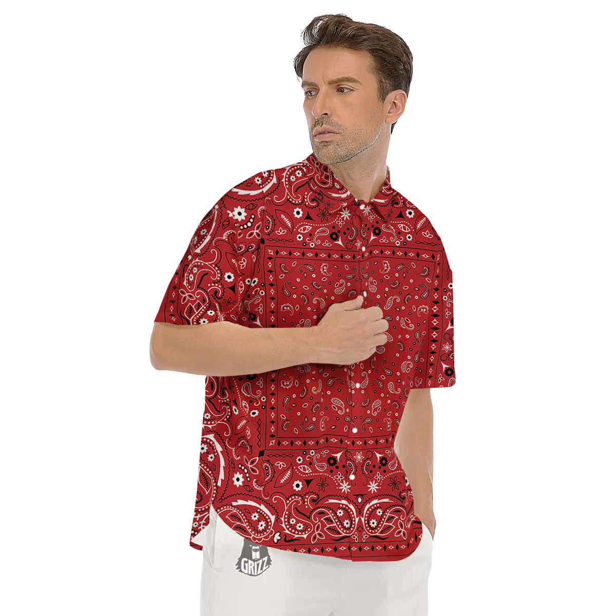 Bandana Red Paisley Print Pattern Men's Short Sleeve Shirts-grizzshop