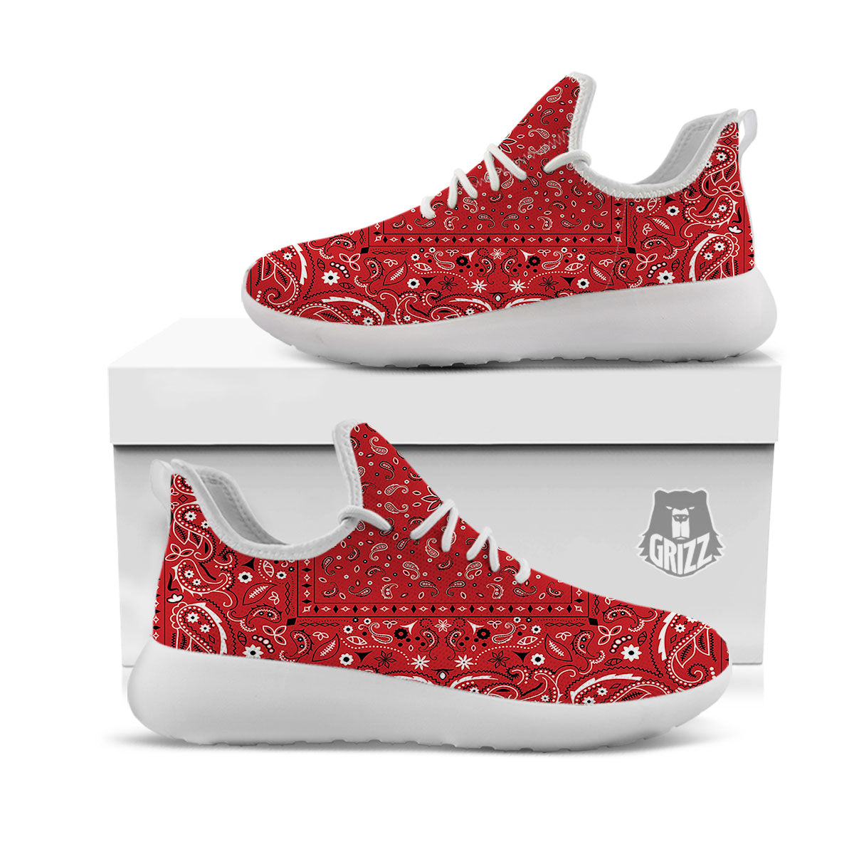 Bandana Red Paisley Print Pattern White Athletic Shoes-grizzshop