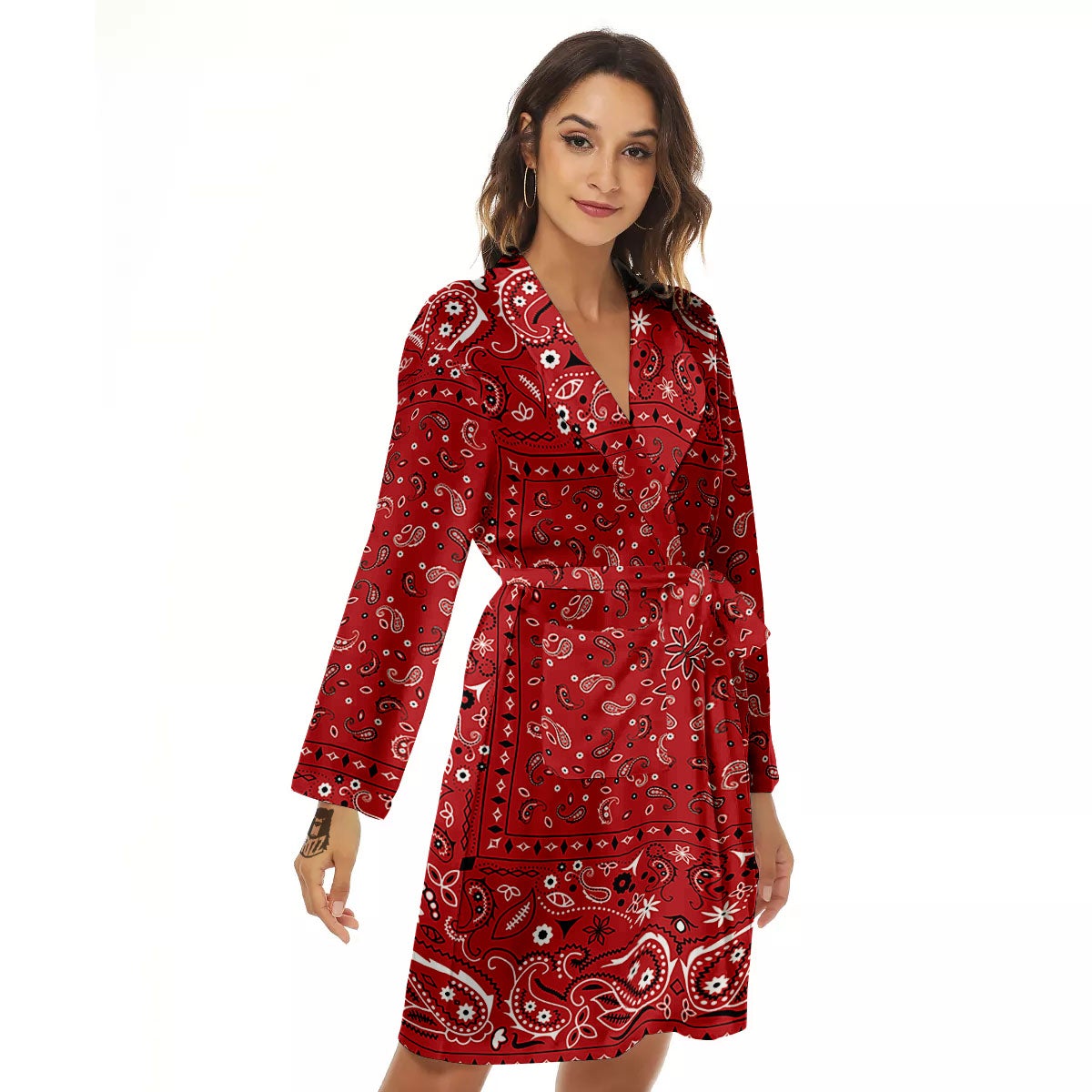 Bandana Red Paisley Print Pattern Women's Robe-grizzshop