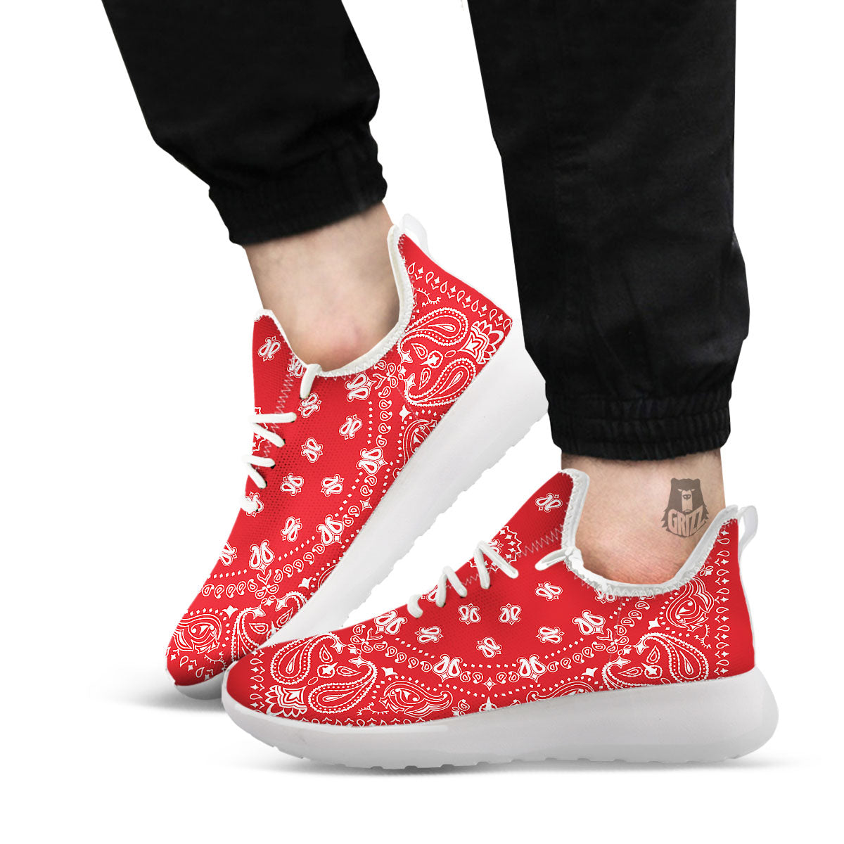 Bandana Red Paisley Print White Athletic Shoes-grizzshop