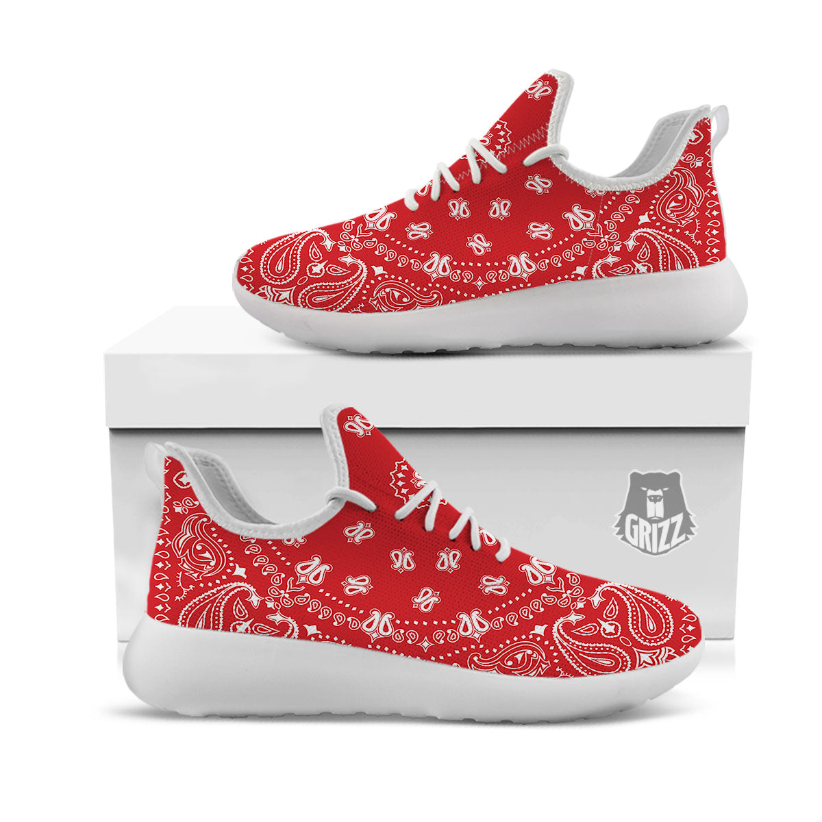 Bandana Red Paisley Print White Athletic Shoes-grizzshop